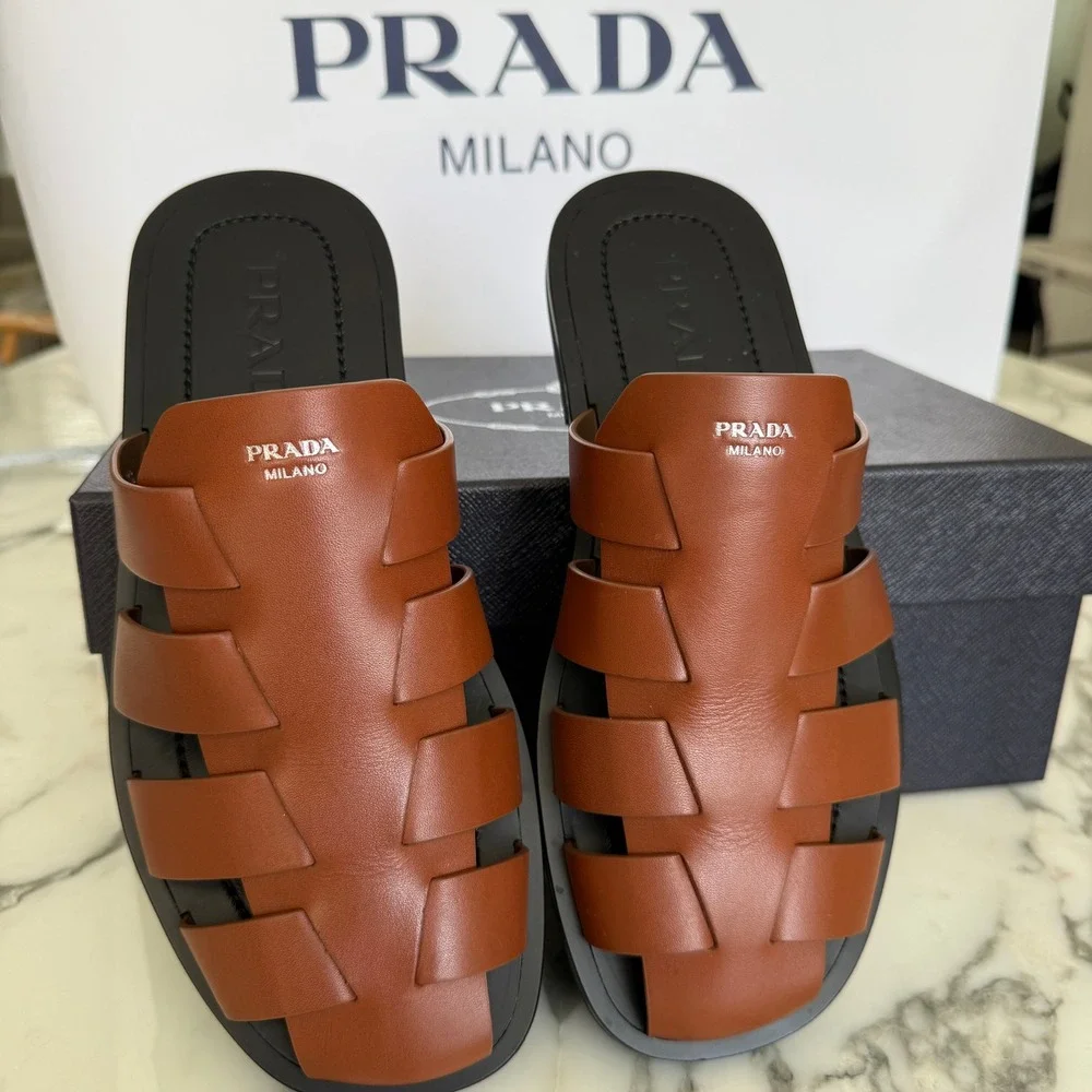 Prada 2X3145 Cognac Leather Fisherman's Mules Sandals Shoes, Sz. US 8.5 (UK 7.5)